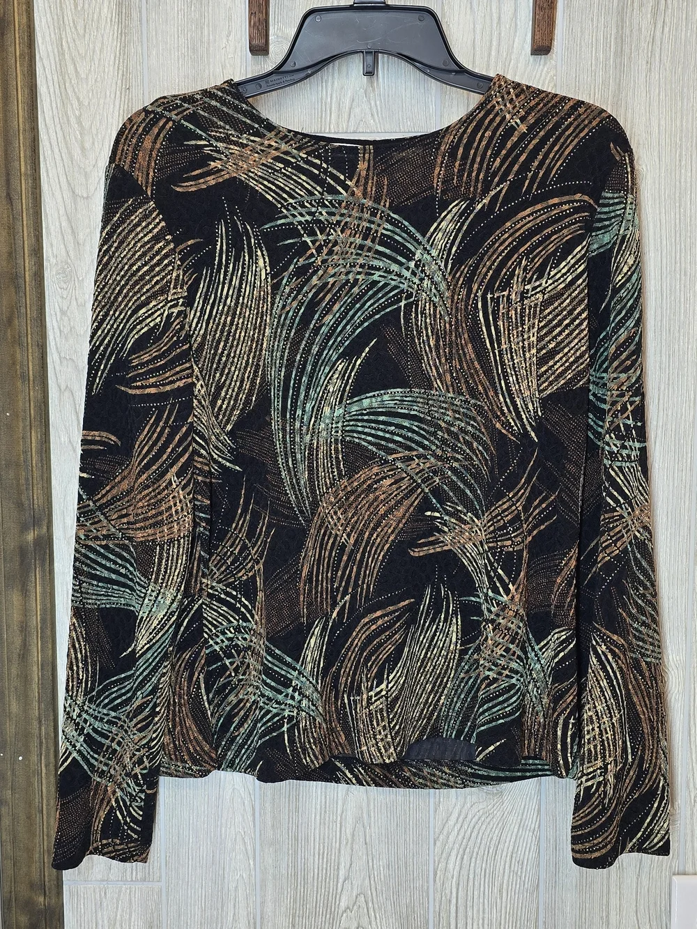 Laura Ashley Black Long Sleeve Top with Copper and Teal Brushstroke Print